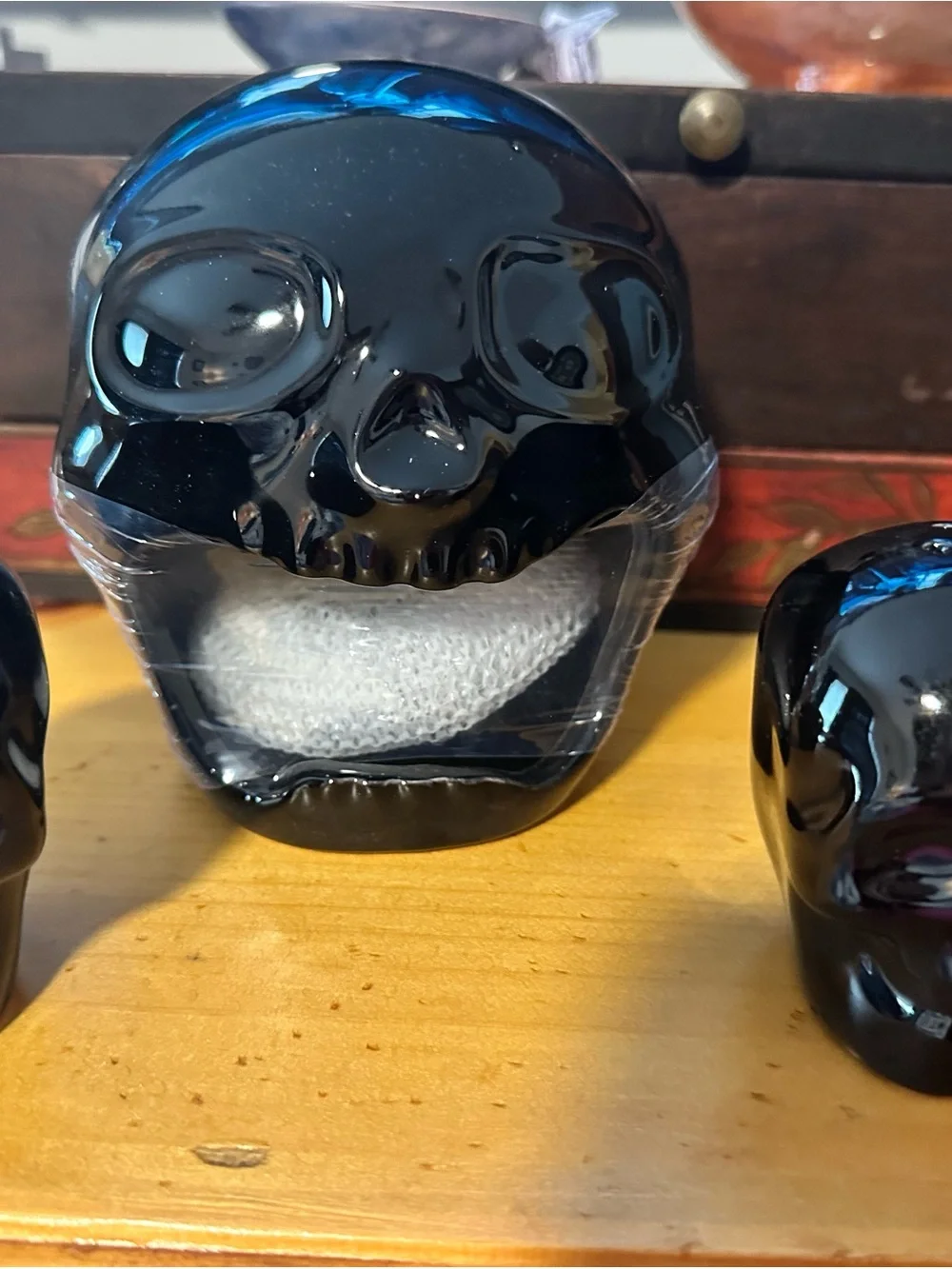 Black Glass Skull Sponge Holder -and salt and pepper shakers